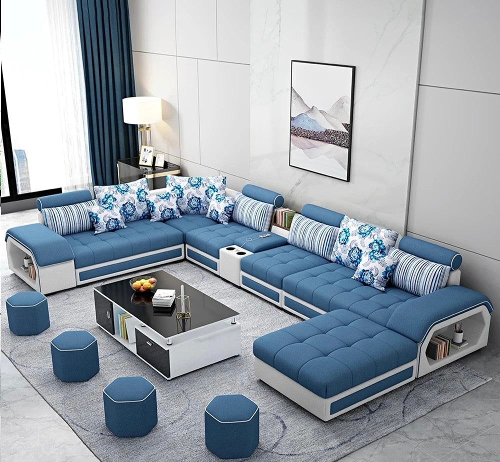 LuxeLounge Comfort Suite - Premium Fabric Sofa Set with USB Charging Hub & Stylish Stools