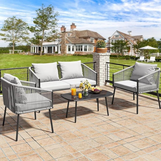 4-Piece - All Weather Loveseat Set w/ Cushions & Outdoor Table