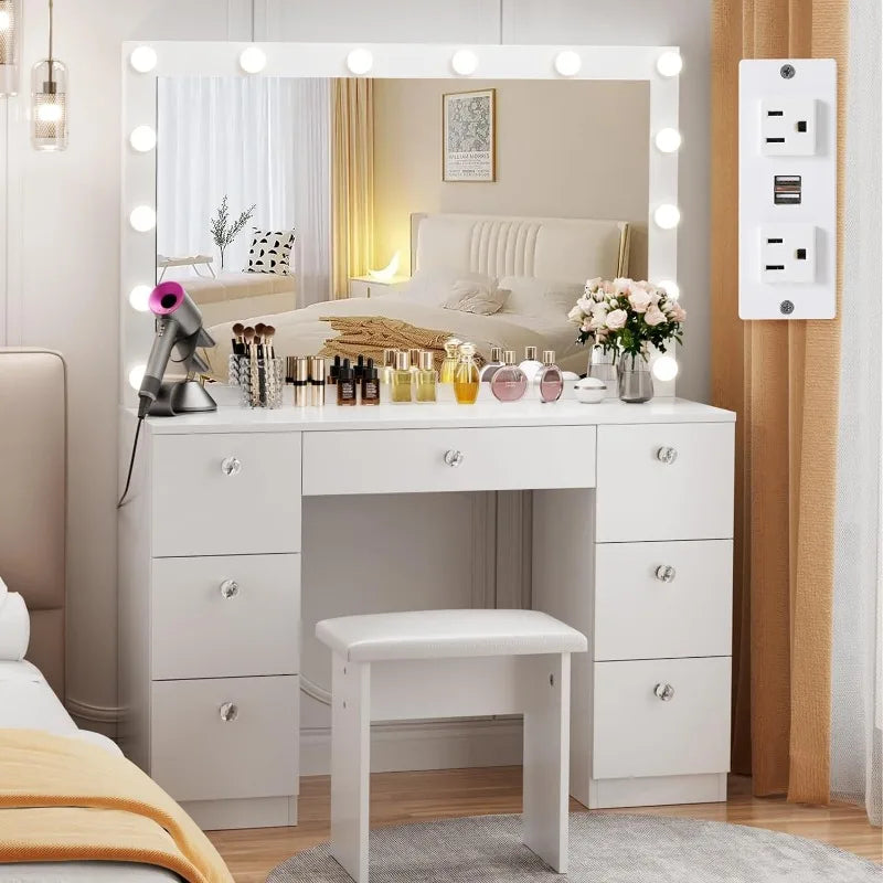 44" Vanity with Lighted Mirror - 7 Drawers, 3 Color Light Modes with Outlets & USB - Whole Home Warehouse 