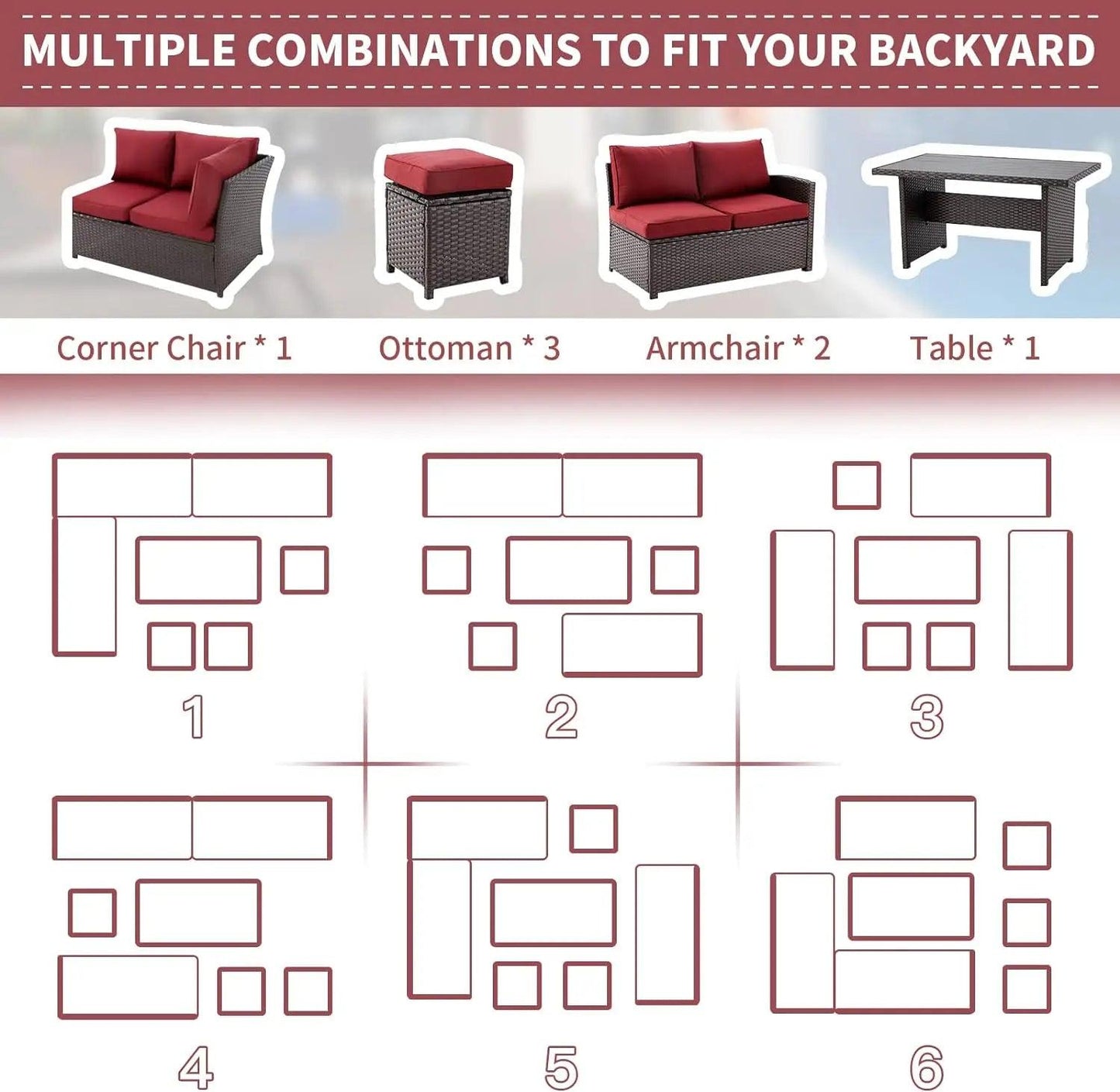7 Piece All Weather Wicker Conversation Set w/ Dining Table & 3 Ottoman - Whole Home Warehouse 