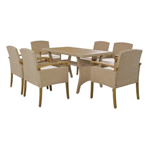 7-Piece PE Rattan Dining Table Set, All Weather Wood Tabletop & 6 Chairs w/ Cushions - Whole Home Warehouse 