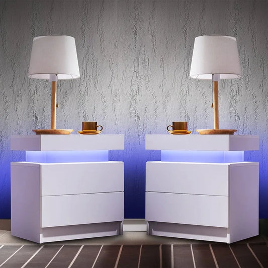 TwinGlow Duo: Contemporary LED Nightstand Pair with Dual Drawers