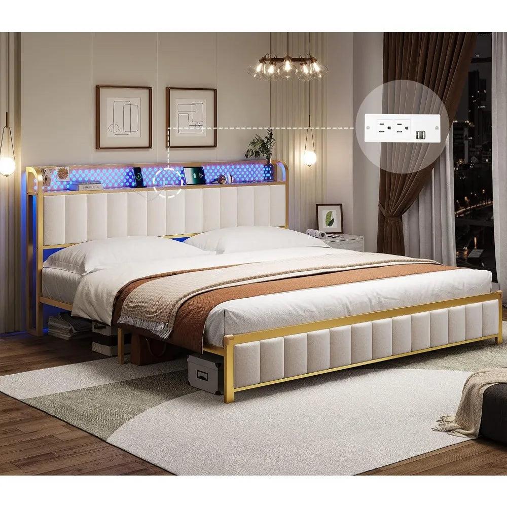 King Platform Bed Frame with LED Headboard, USB Ports & Outlets - Whole Home Warehouse 