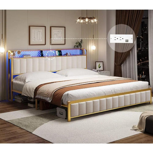 King Platform Bed Frame with LED Headboard, USB Ports & Outlets - Whole Home Warehouse 