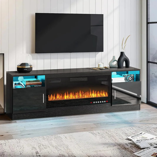 Modern LED TV Stand for Up to 80" Screens with Integrated 36" Electric Fireplace and Ambient LED Lighting