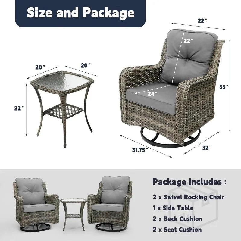 3 Piece Wicker Patio Bistro Set with 2 Swivel Chairs & Rattan Side Table - Whole Home Warehouse 