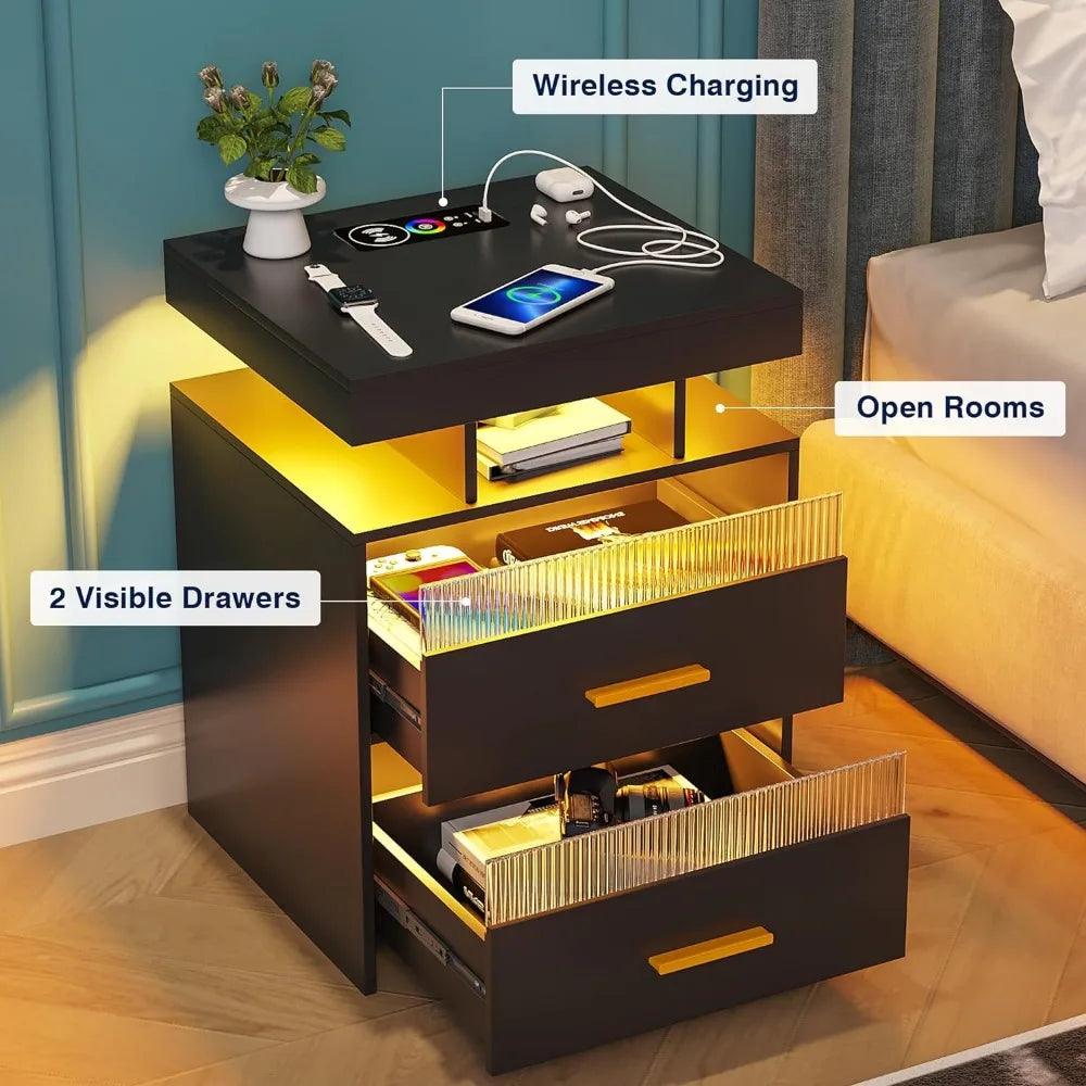 Bedside Table With Wireless Charging Station and LED Light With 2 Transparent Drawers and Open Compartment - Whole Home Warehouse 