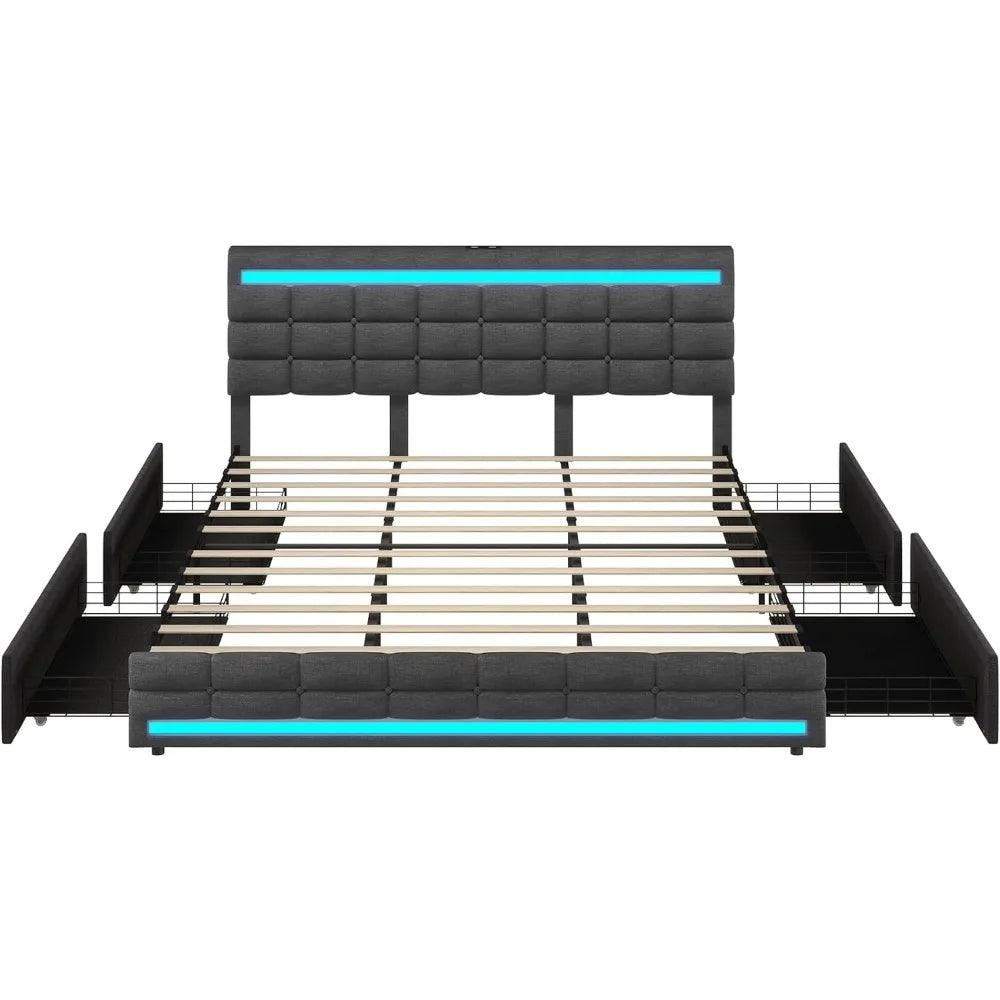 King, Queen, or Full Size LED Upholstered Bed Frame, 4 Storage Drawers & Charging Station - Whole Home Warehouse 