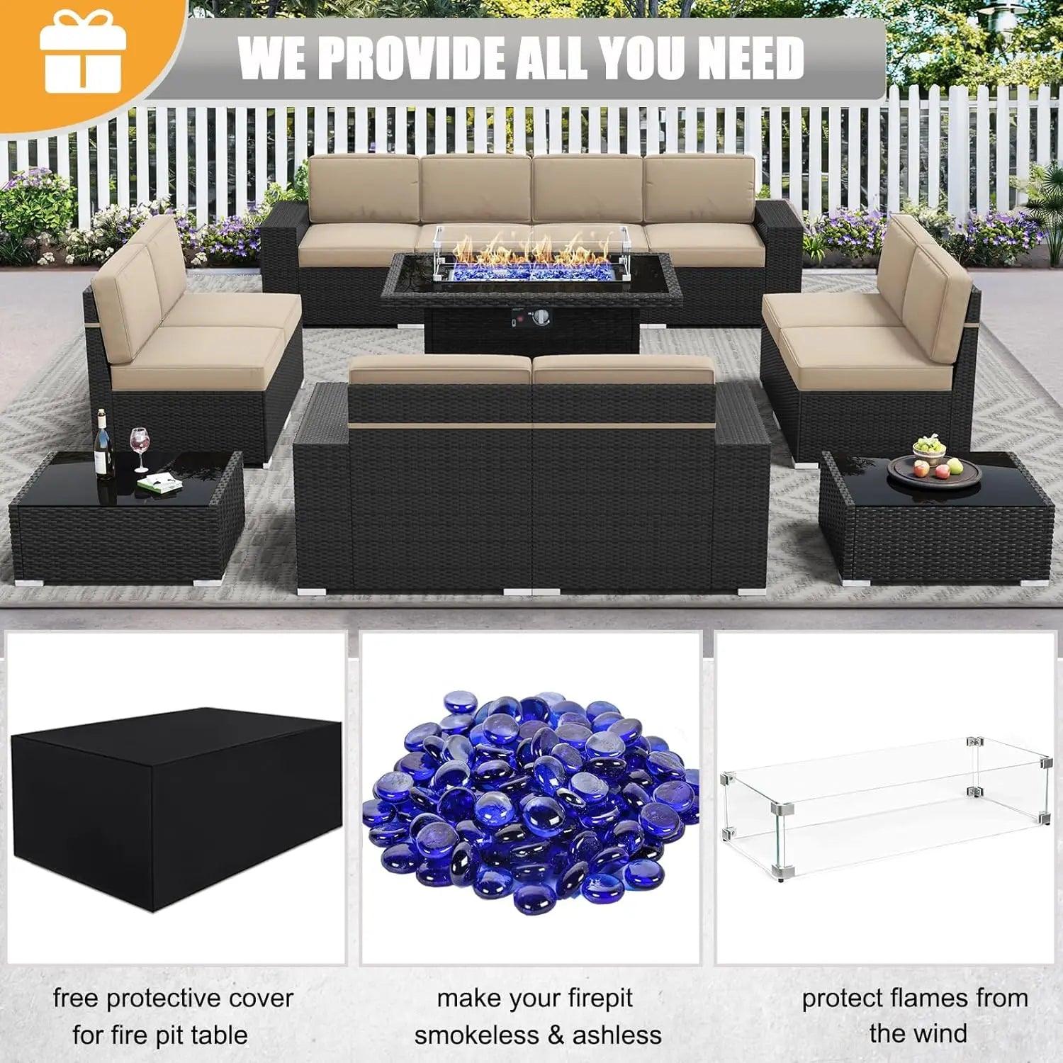 7/8 Pieces Sectional Sofa Conversation Set w/ Fire Pit & 1 or 2 End Tables + “Free Protective Cover For Fire Pit” - Whole Home Warehouse 