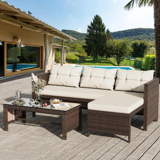 3-Piece All Weather Wicker Rattan Patio Seating Sofas with Glass Table