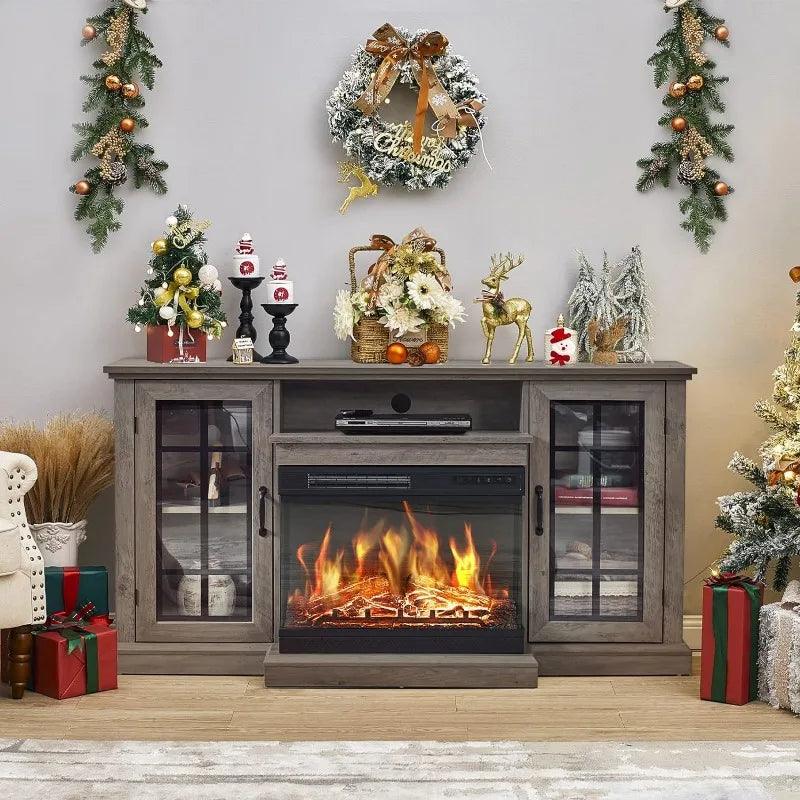 3-Sided Glass Fireplace TV Stand for TVs up to 65'' with 12 Different Color Flames - Whole Home Warehouse 