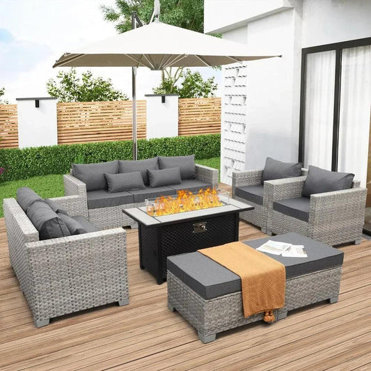 7 Piece Rattan Sectional Set w/ 45" Fire Pit Table - Whole Home Warehouse 