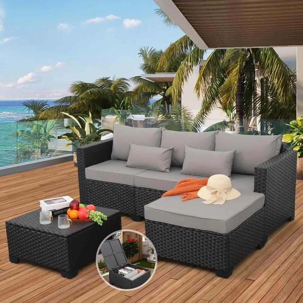 3 Pieces Outdoor Sectional Couch with Ottoman and Outdoor Storage Table - Whole Home Warehouse 