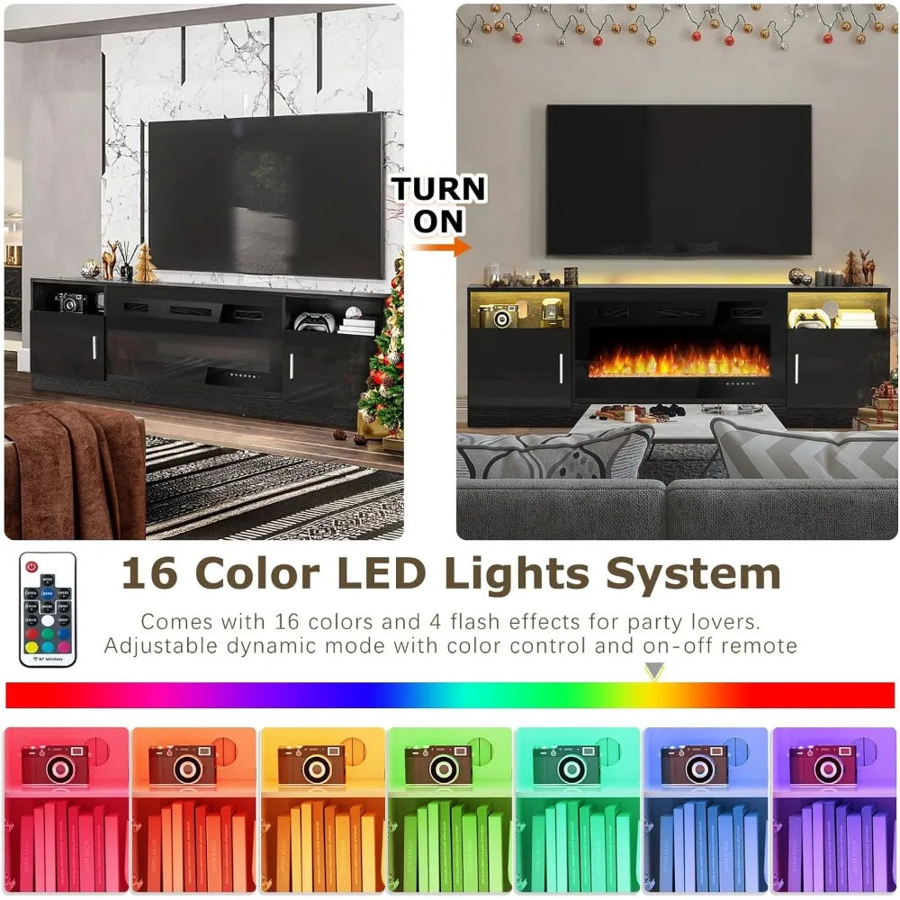 Modern LED TV Stand for Up to 80" Screens with Integrated 36" Electric Fireplace and Ambient LED Lighting