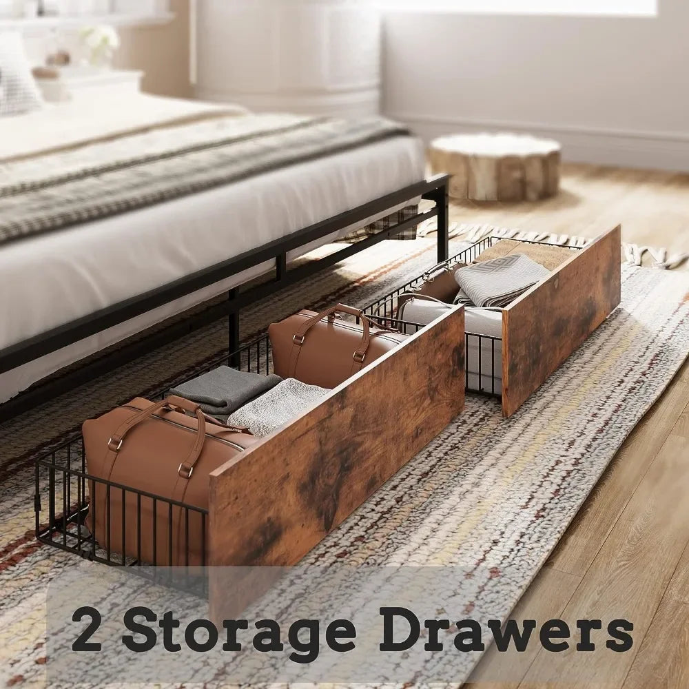 ‘King-Full’ platform bed frame w/ storage headboard, charging station & 2 storage drawers