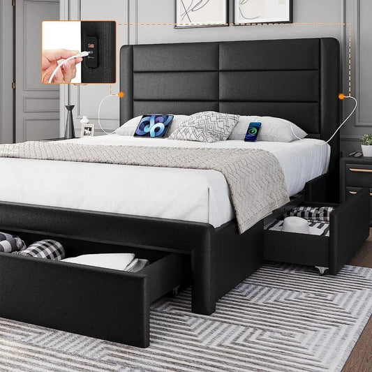 Platform Bed Base & Frames Leather Upholstered Headboard 3 Storage Drawers - Whole Home Warehouse 