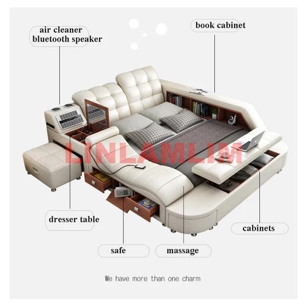 Genuine Leather Tech Smart Bed Multifunctional Beds Ultimate Massage Camas Upholstered Lit with Bluetooth Speaker,Air Cleaner - Whole Home Warehouse 