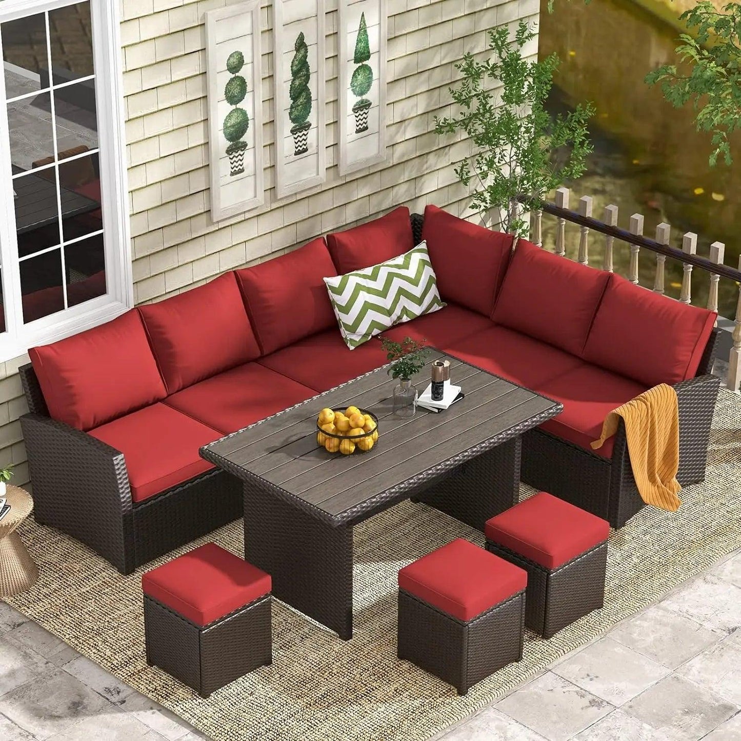 7 Piece All Weather Wicker Conversation Set w/ Dining Table & 3 Ottoman - Whole Home Warehouse 