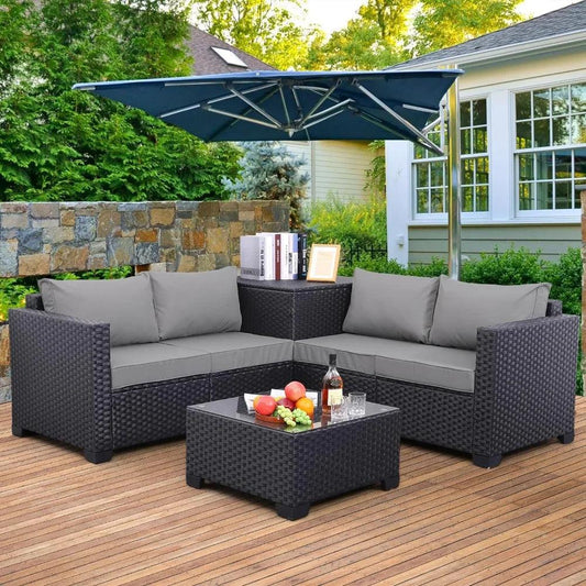 4 Piece Outdoor - Black Rattan Loveseat Couch with Storage Box & Glass Top Table - Whole Home Warehouse 