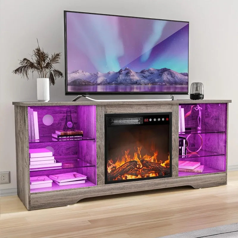 Modern Entertainment Center w/ 18'' Fireplace, supports up to 65” Tv & Adjustable Glass Shelving