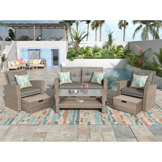 4 Piece Wicker Sectional Sofa Set - 2 Chairs w/ Ottoman & Glass Top Table - Whole Home Warehouse 