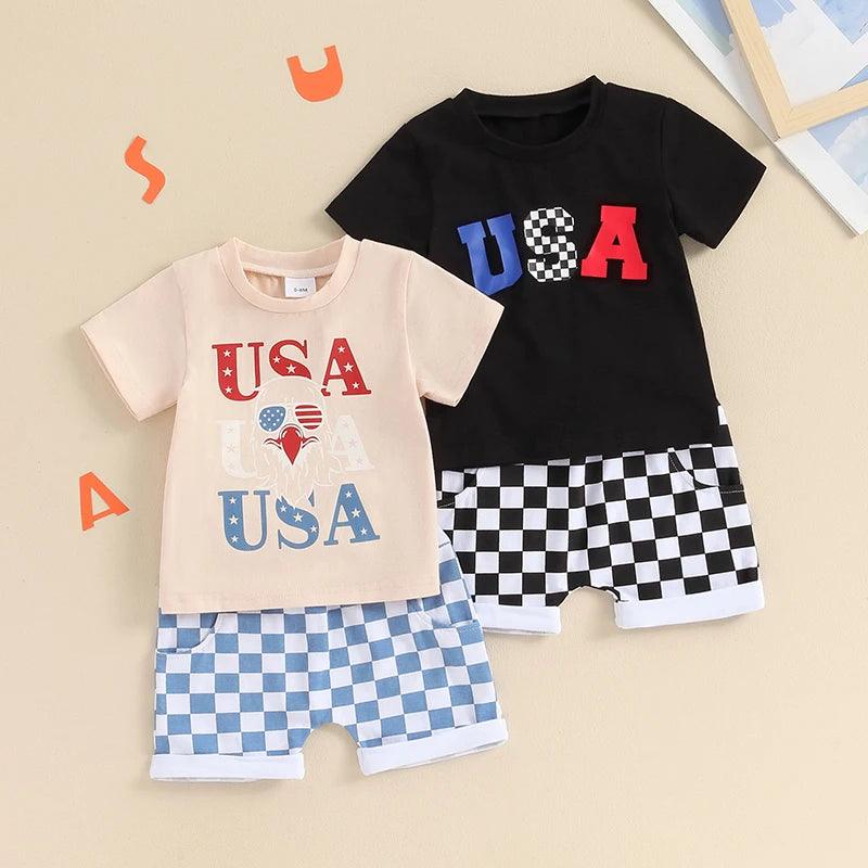 Toddler Boys 4th of July Outfits Letter Pattern Short Sleeve T-Shirts Tops and Checkerboard Print Shorts 2Pcs Clothes Set - Whole Home Warehouse 