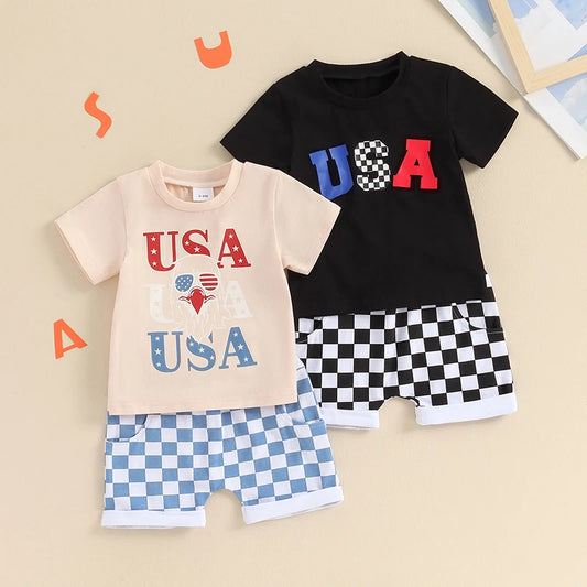 Toddler Boys 4th of July Outfits Letter Pattern Short Sleeve T-Shirts Tops and Checkerboard Print Shorts 2Pcs Clothes Set