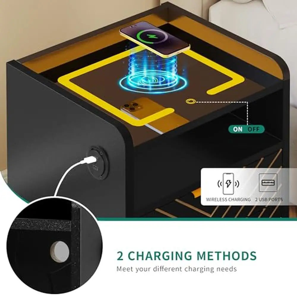 Black Nightstand with Wireless Charging, LED Lights, and 3 Drawers