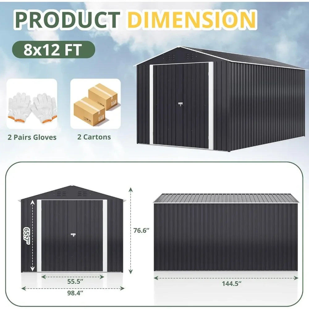 12x8 FT Outdoor Storage Shed w/ Lockable Doors