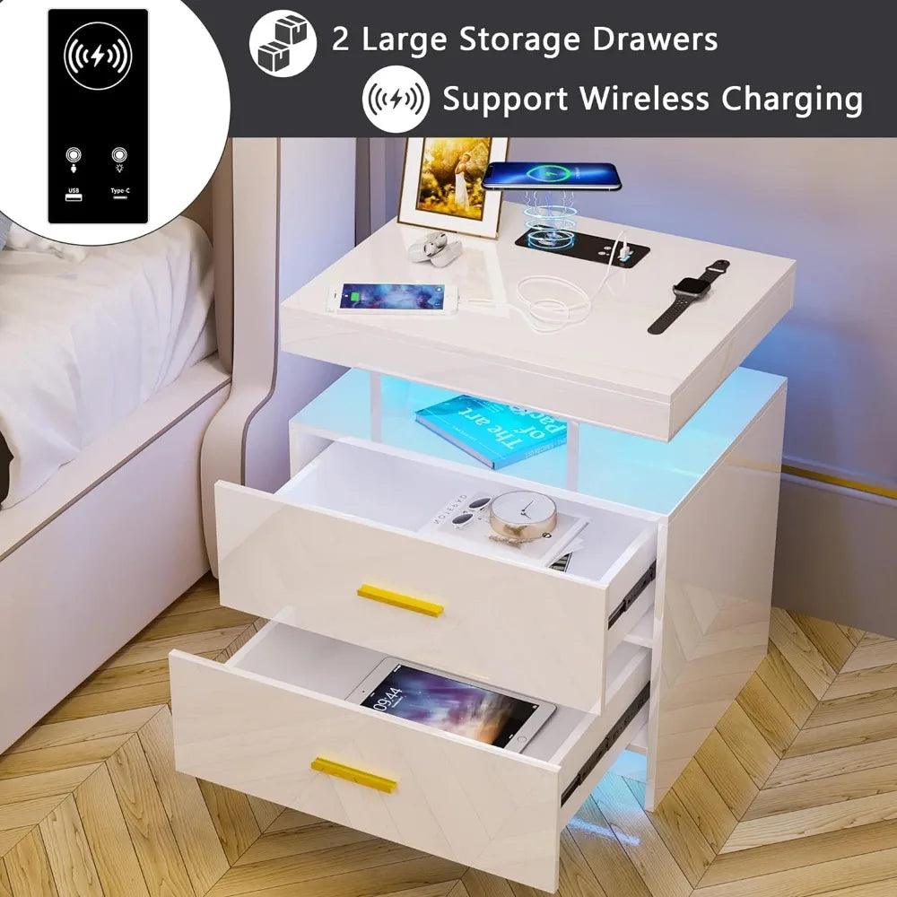 LED Nightstand With Wireless Charging Station & USB Ports ( Motion Detection Auto Lights ) - Whole Home Warehouse 