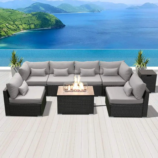 Cozy Flames 8-Piece Wicker Sectional Lounge Set with Integrated Fire Pit