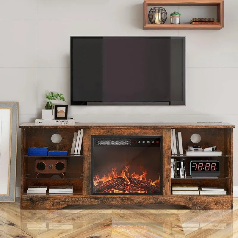 Modern Entertainment Center w/ 18'' Fireplace, supports up to 65” Tv & Adjustable Glass Shelving