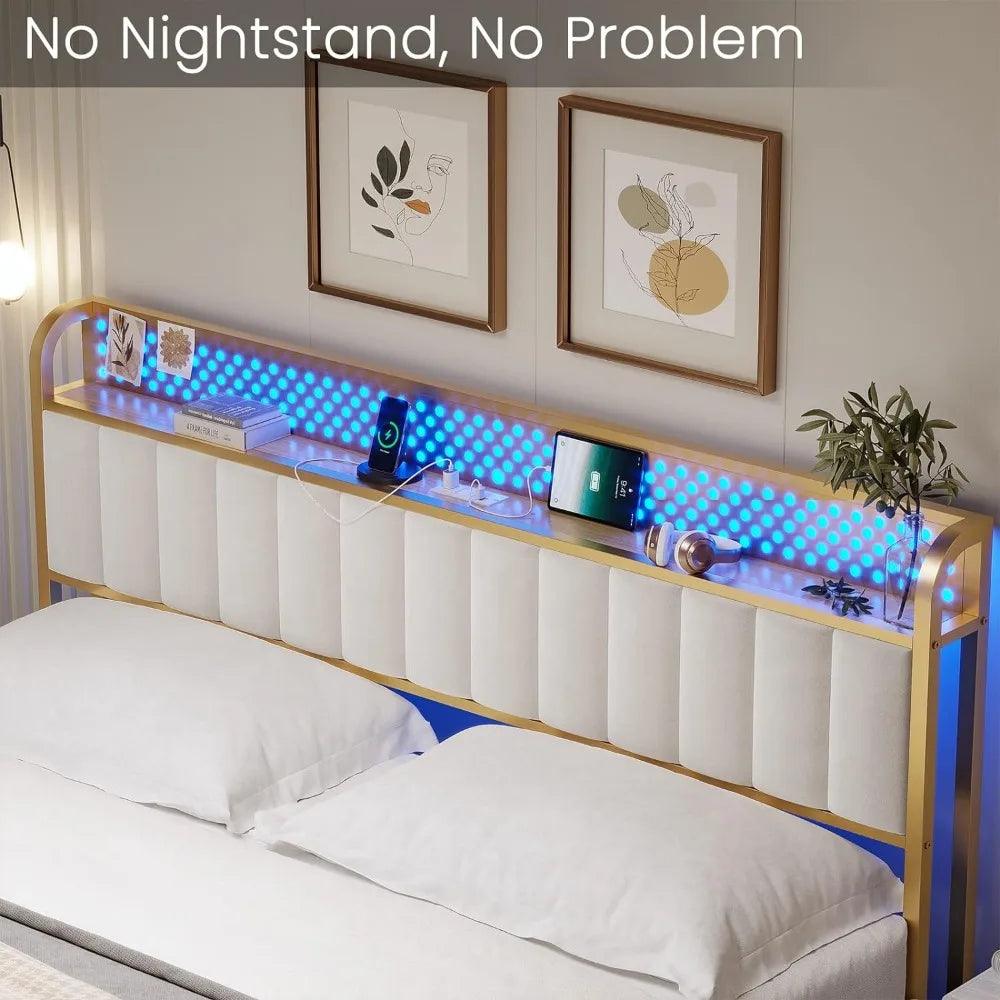 King Platform Bed Frame with LED Headboard, USB Ports & Outlets - Whole Home Warehouse 