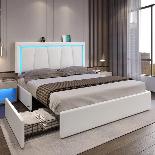 Queen Bed Frame with LED Headboard, USB Ports & 4 Storage Drawers - Whole Home Warehouse 