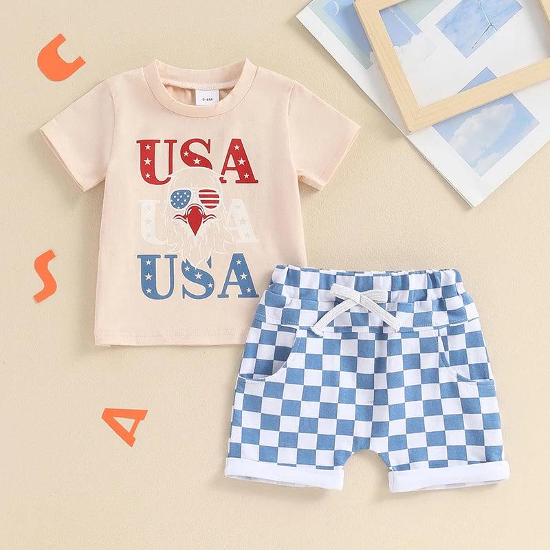 Toddler Boys 4th of July Outfits Letter Pattern Short Sleeve T-Shirts Tops and Checkerboard Print Shorts 2Pcs Clothes Set - Whole Home Warehouse 