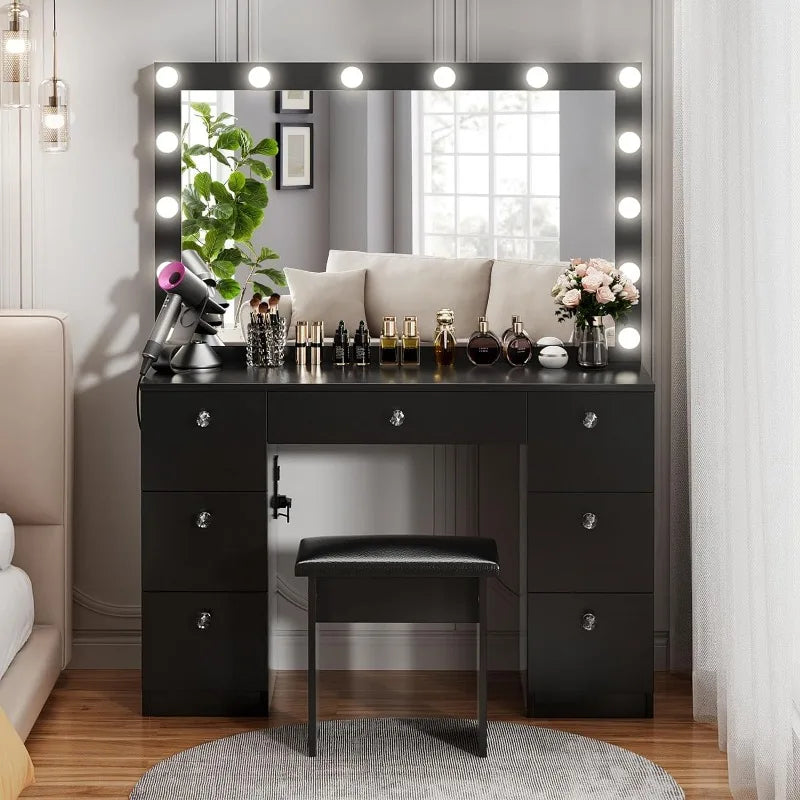 44" Vanity with Lighted Mirror - 7 Drawers, 3 Color Light Modes with Outlets & USB - Whole Home Warehouse 