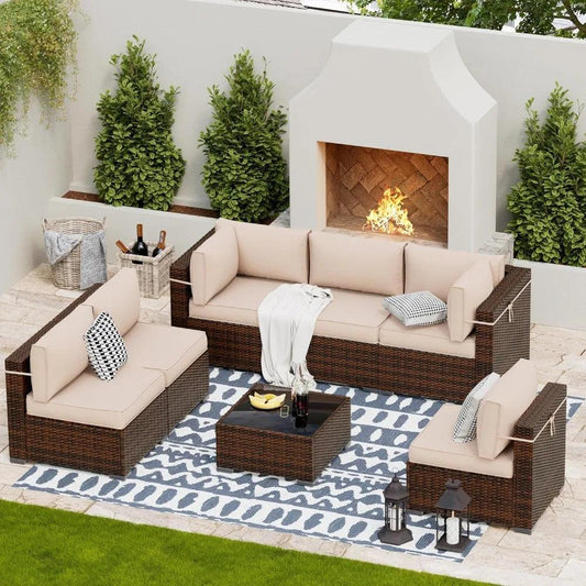 7PC (Include Sofa Cover) Modular Rattan- Sectional Sofa Set, w/Coffee Table - Whole Home Warehouse 