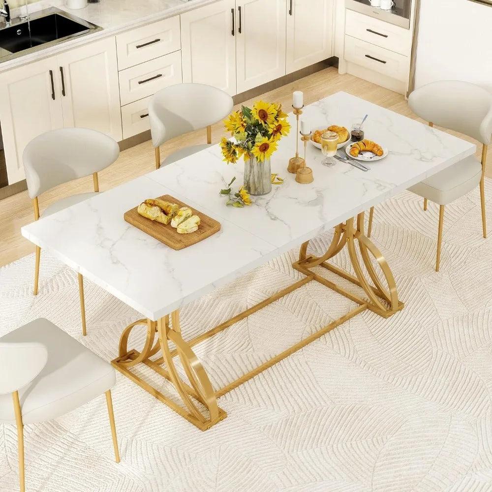 70.3” Faux Marble Top - Modern Dining Table and Gold Geometric Metal Legs ( seats 6-8 ) - Whole Home Warehouse 