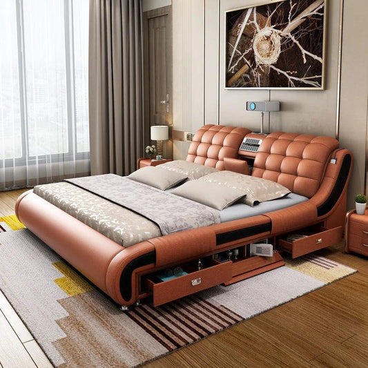 Multifunctional Bed Tech Smart Beds Ultimate Camas TATAMI Massage Lit Genuine Leather Bed with Audio,Projector, Air Purifier - Whole Home Warehouse 