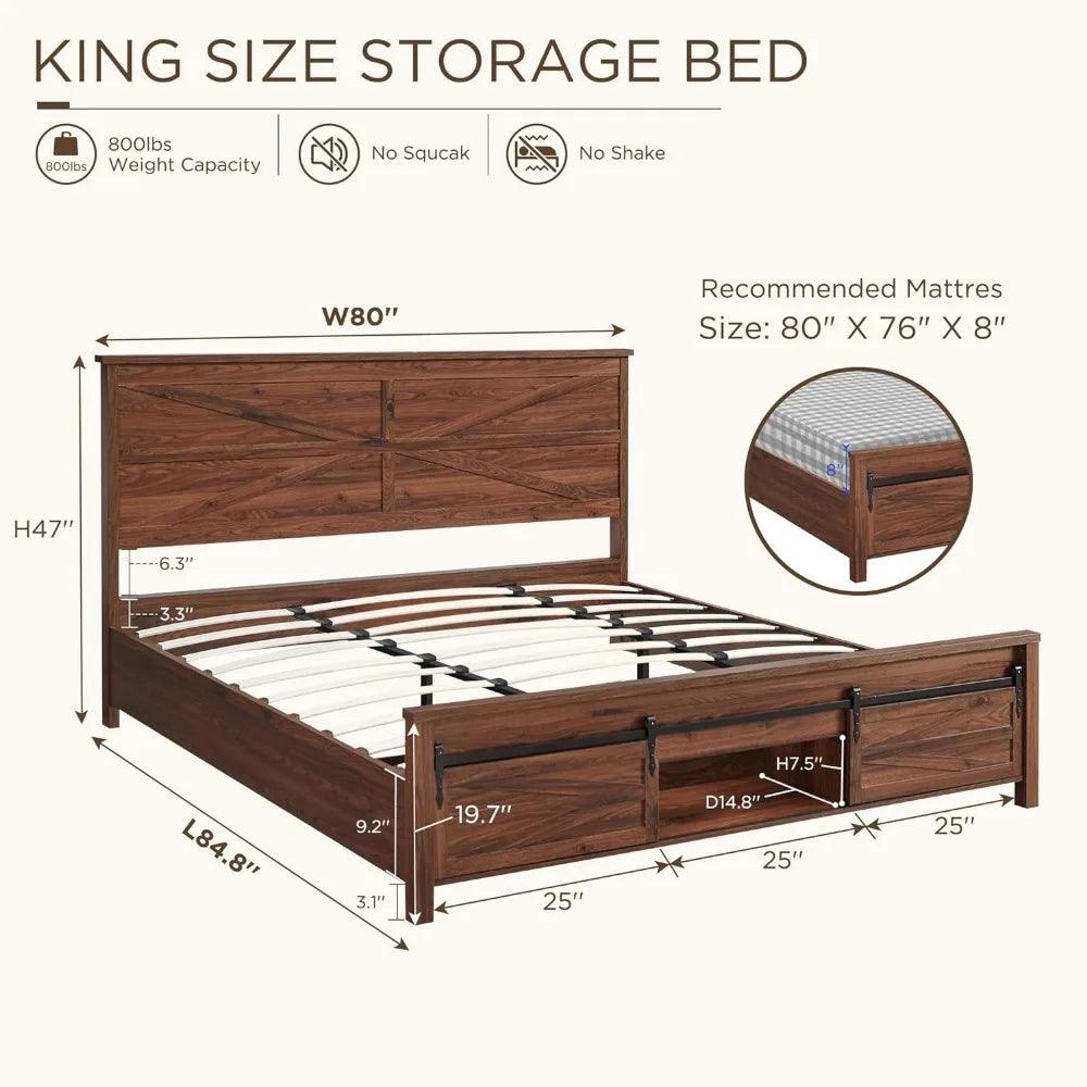 King Size Bed Freme with Sliding Barn Door Storage Cabinets, Solid Wood Support Slats - Whole Home Warehouse 