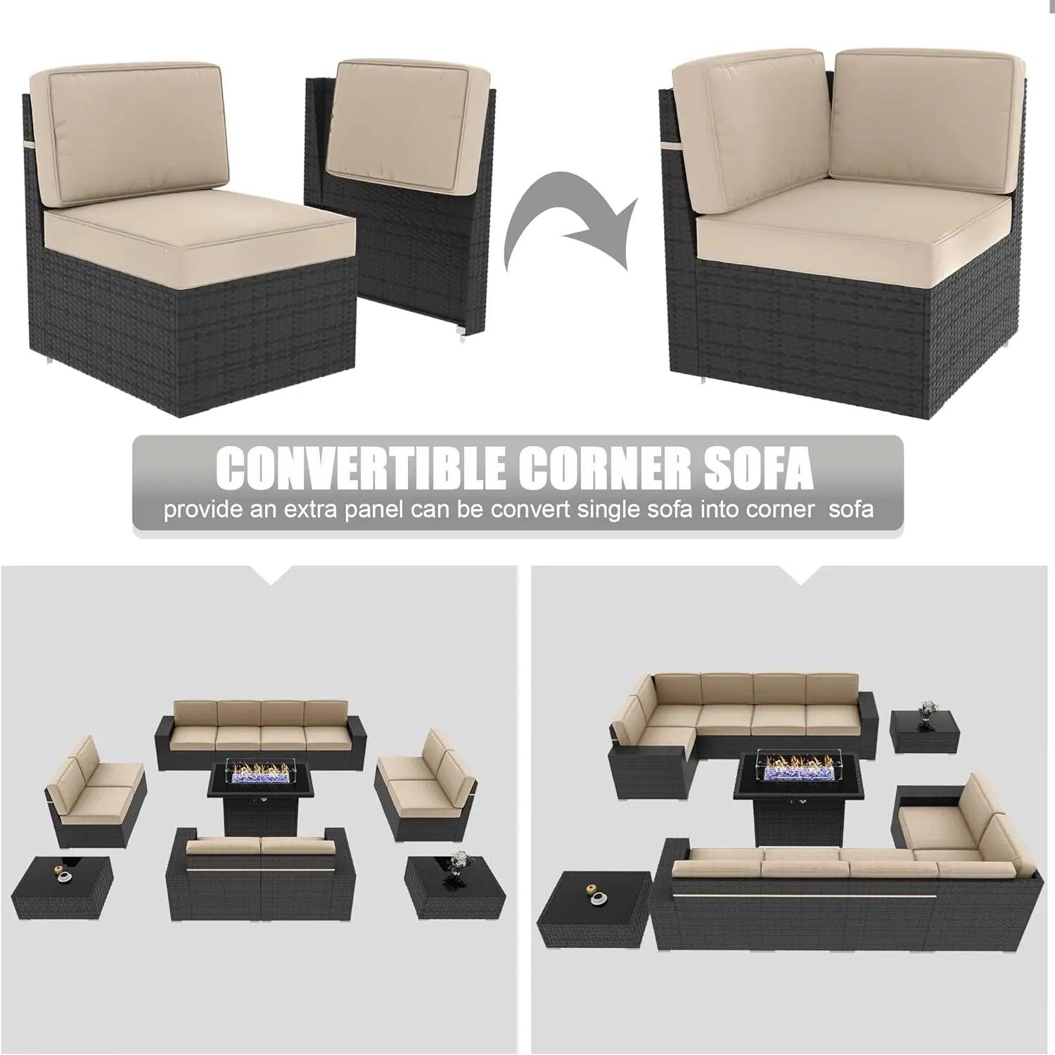 7/8 Pieces Sectional Sofa Conversation Set w/ Fire Pit & 1 or 2 End Tables + “Free Protective Cover For Fire Pit” - Whole Home Warehouse 