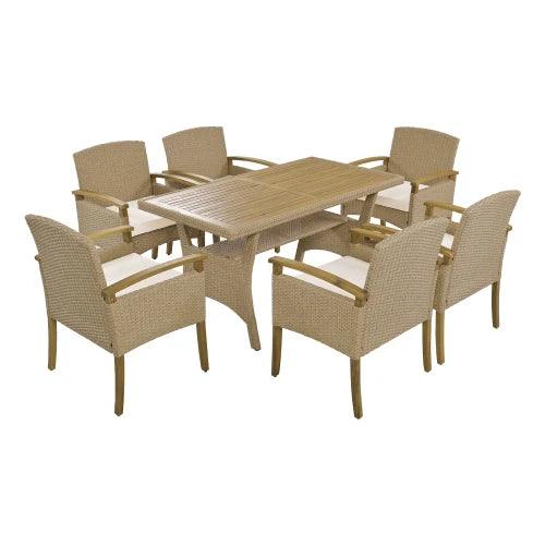 7-Piece PE Rattan Dining Table Set, All Weather Wood Tabletop & 6 Chairs w/ Cushions - Whole Home Warehouse 