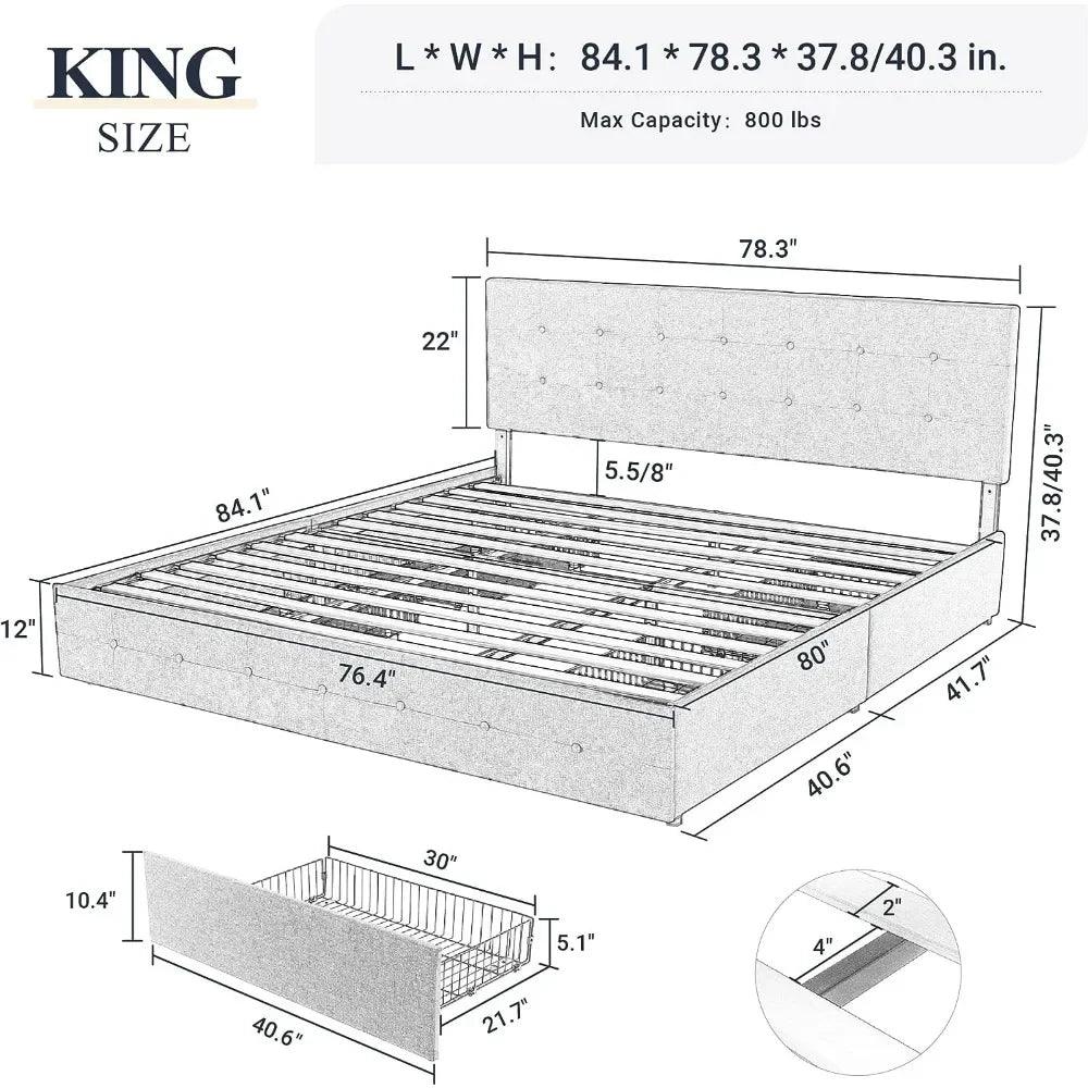 Upholstered Platform Bed Frame with 4 Storage Drawers and Headboard - Whole Home Warehouse 