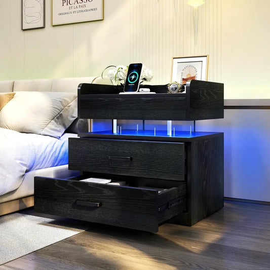 LED Nightstand with Voice-Activation, Charging Station, & 2 Drawers - Whole Home Warehouse 