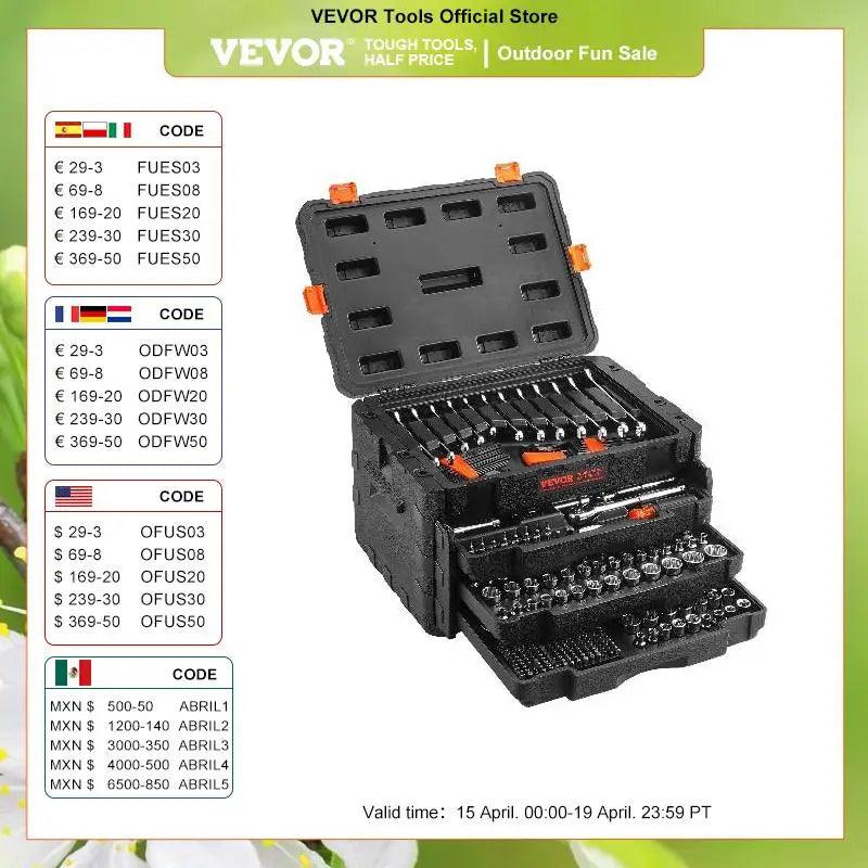 VEVOR Mechanics Tool and Socket Set 1/4" 3/8" 1/2" Drive Deep and Standard Sockets 450 Pcs SAE and Metric Mechanic Tool Kit - Whole Home Warehouse 