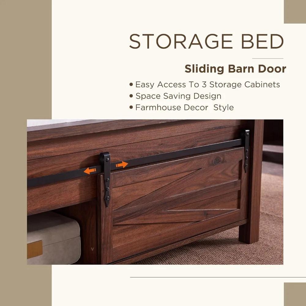 King Size Bed Freme with Sliding Barn Door Storage Cabinets, Solid Wood Support Slats - Whole Home Warehouse 