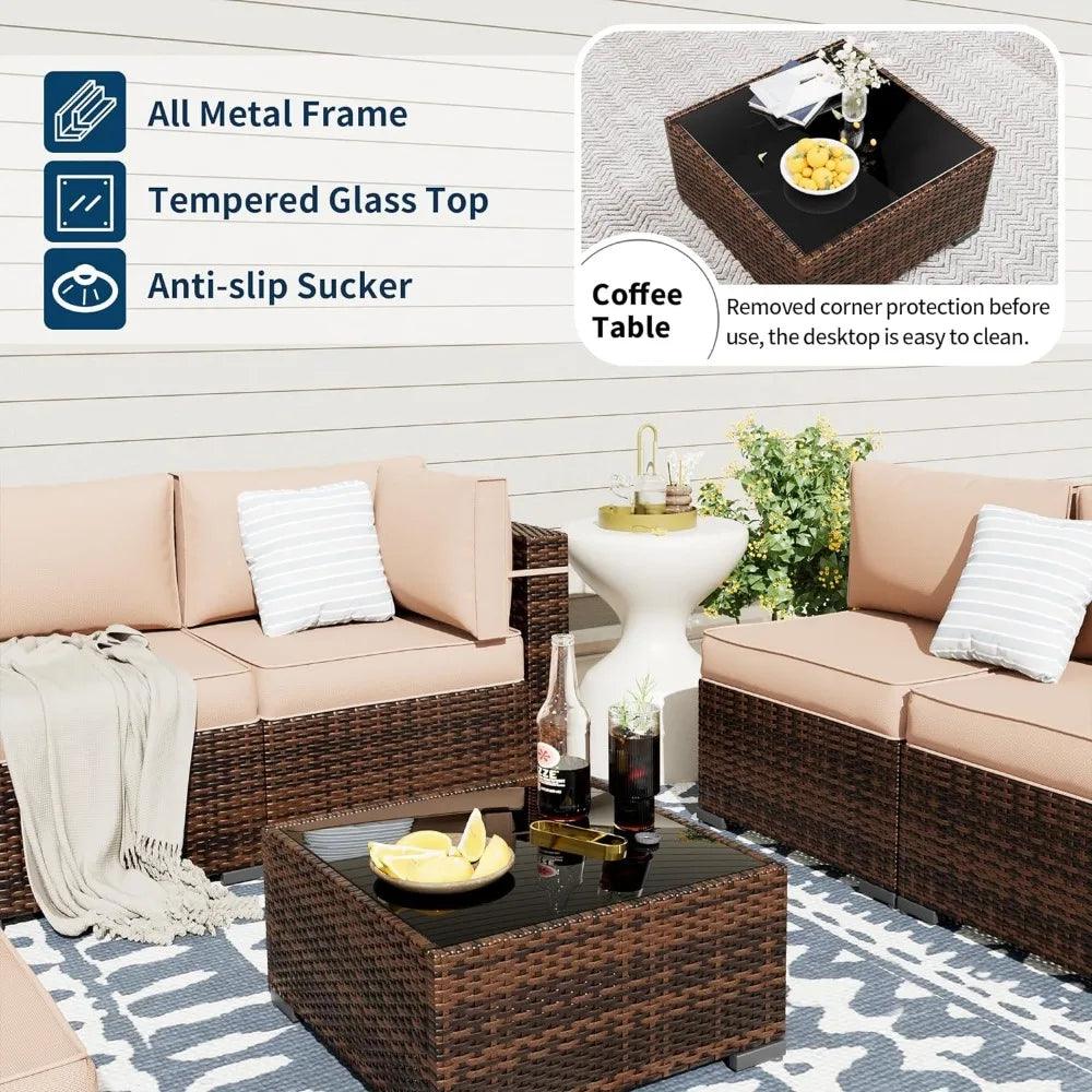 7PC (Include Sofa Cover) Modular Rattan- Sectional Sofa Set, w/Coffee Table - Whole Home Warehouse 