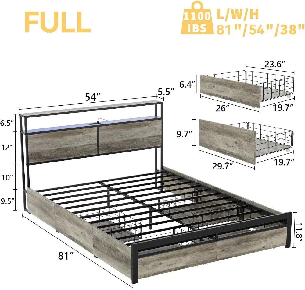 Queen/Full Size LED Platform Bed Frame, Headboard & 4 Storage Drawers w/ 2 Charging Stations - Whole Home Warehouse 