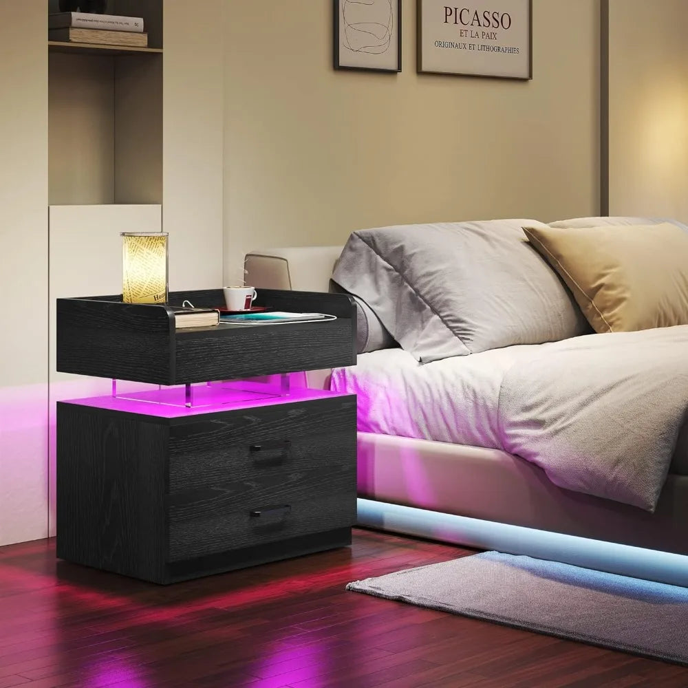 LED Nightstand with Voice-Activation, Charging Station, & 2 Drawers - Whole Home Warehouse 