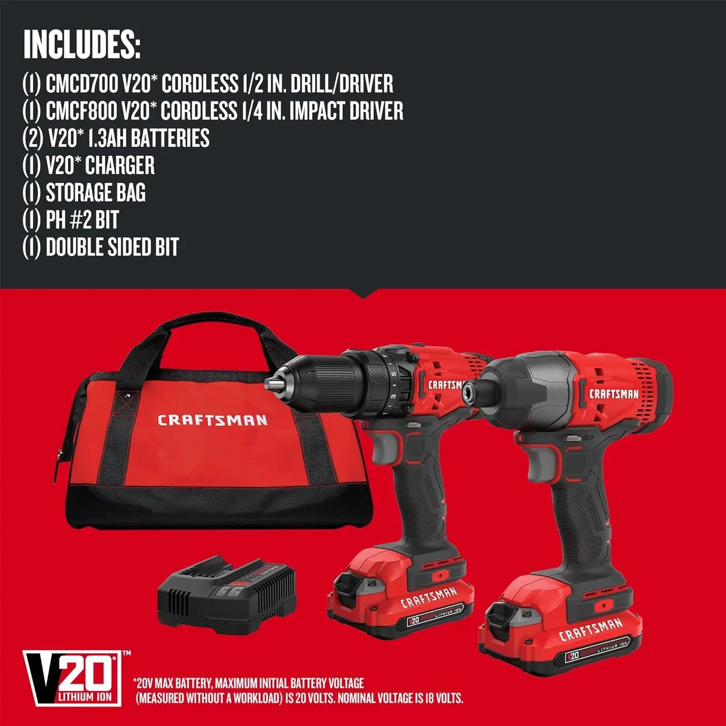 V20 MAX Cordless Drill and Impact Driver, Power Tool Combo Kit with 2 Batteries and Charger (CMCK200C2AM)